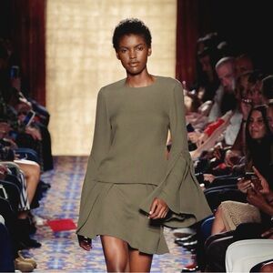 Brandon Maxwell Spring 2017 Collection Olive Green Layered-Sleeve Georgette Top